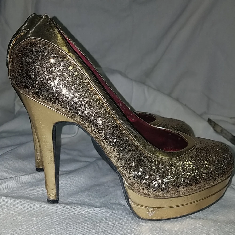 Baby Phat Shoes Gold Sparkle Platform Heel Sz 8 - Picture 4 of 7